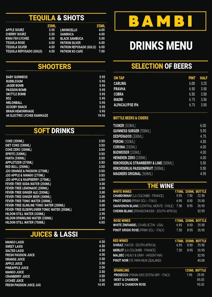 BAMBI drinks menu — tequila and shots, shooters, soft drinks, juices, beers, and wine