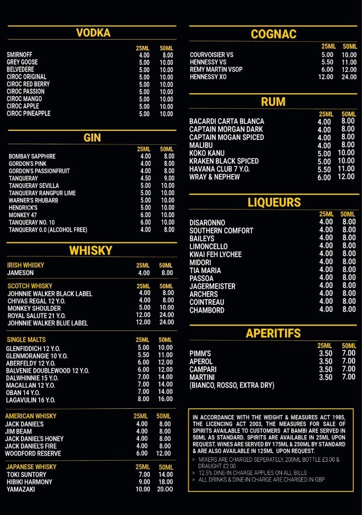 BAMBI drinks menu — spirits, cognac, rum, liqueurs, and aperitifs